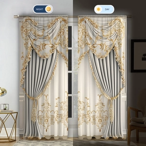 Baroque embroidery curtains shown in contrast between warm night and natural day lighting