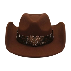 Detail of brown wool cowboy hat featuring a vintage heart buckle with rhinestones
