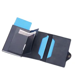 Slim navy blue RFID blocking pop-up wallet with card holder and secure snap closure