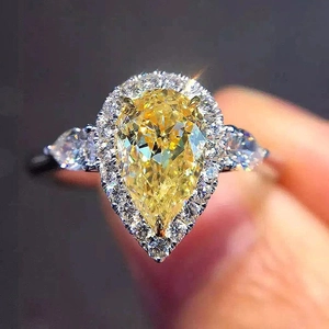 Pear Cut Yellow Cubic Zirconia Ring Copper Halo Setting Water Drop Jewelry For Women Bridal Accessory