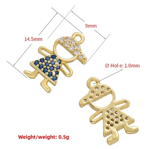 Detailed view of gold little girl charm with blue zircons and hollow honeycomb back