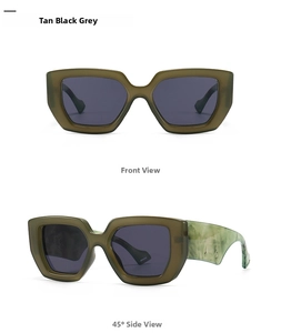 Detail view of large square tea sunglasses with green marble pattern wide temples
