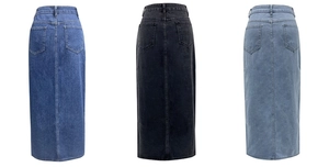 Dettaglio posteriore di gonne midi in denim con spacco e tasche in tre colori