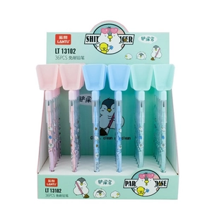 Close-up of a 36-piece box of colorful stackable pencils with shovel-shaped caps