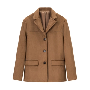 Women's brown suede blazer with single-breasted buttons and classic lapel for autumn