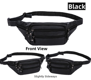 Detail view of black leather waist bag with lychee texture and multiple zipper pockets