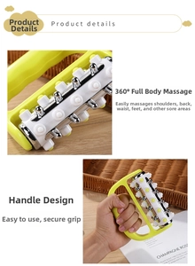 Detail of handheld roller massager with 360-degree rotating beads and green handle