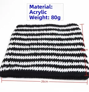 Detailed dimensions of black and white striped acrylic knit beanie with cat ears