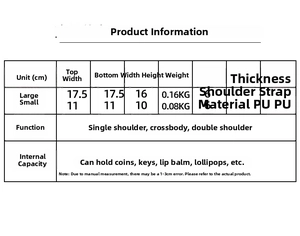Detailed size chart for kids mini bear crossbody bag showing dimensions and PU material