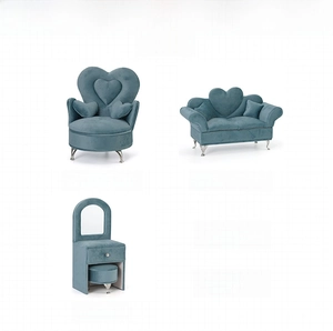 Blue velvet miniature sofa and vanity jewelry boxes with silver metal legs in detail