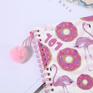 Cute pink spiral notebook with donut flamingo pattern and fluffy plush ball charm