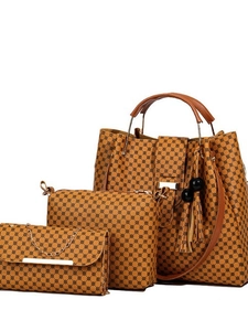 Three-piece brown leather handbag set with classic dot pattern and tassel details
