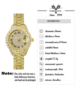 Détails de la montre à quartz dorée sertie de diamants avec cadran à chiffres romains