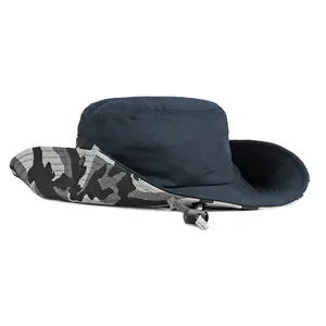 Chapeau de pêche camouflage à large bord avec protection solaire et cordon coupe-vent