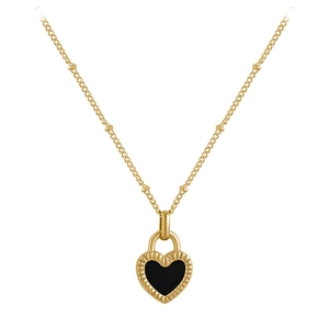 Elegant gold necklace featuring a black and gold heart-shaped lock pendant on a white backdrop