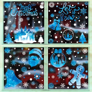 Blue watercolor Christmas window decals set with Santa, deer and gingerbread man