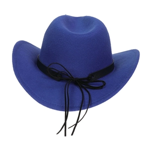 Close-up of a dark blue cowboy jazz hat featuring a black faux leather decorative band