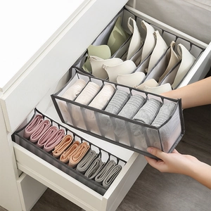 Grey mesh drawer organizers for bras and socks shown in a real storage scenario