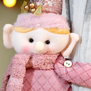Pink Christmas elf doll curtain tieback with sequins and faux fur for holiday decor
