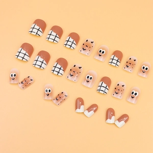 Checkered press-on nails with cute eye patterns and brown plaid design for daily wear