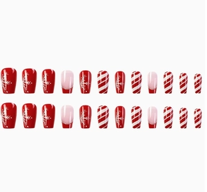 Flat lay of 24pcs Christmas press-on nails with red snowflake and stripe patterns