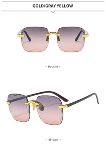Detail of rimless square sunglasses with purple gradient lenses and wavy cut edges