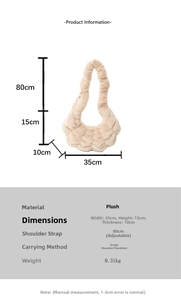 Maattabel met afmetingen en details van de pluche stof van de beige croissant schoudertas