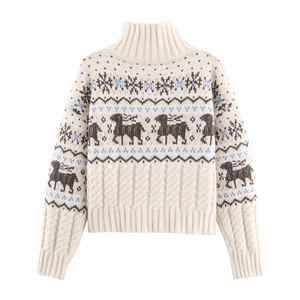 Pull d'hiver en maille à col montant avec motifs rennes et style vintage nordique