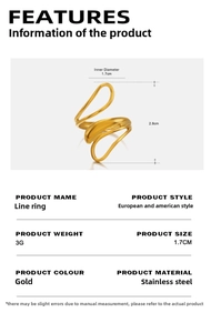 Macro detail of gold stainless steel multi-layer line ring showing size 1.7cm diameter