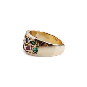 Hip hop gold plated ring featuring colorful crystals in a bold statement design