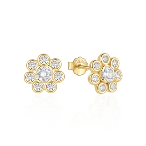 Detail of S925 hallmark on gold-plated flower stud earring with sparkling zircons