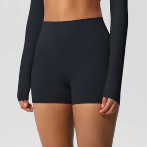 Detailed view of high-waisted black yoga shorts with double-sided brushed fabric texture