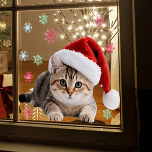 Realistic Christmas window sticker featuring a cat with a Santa hat and snowflakes