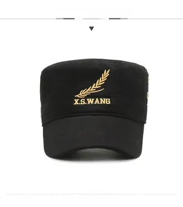 Front view of black flat top military cap with golden embroidery and metal eyelets