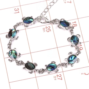 Detail of turtle links with natural abalone shell inlay and lobster clasp on silver chain