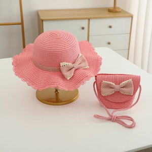 Pink summer straw sun hat and matching bag set for girls with polka dot bow decoration