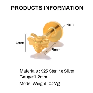Detail of 925 sterling silver golden bee stud earring showing 4mm size and 1.2mm gauge info