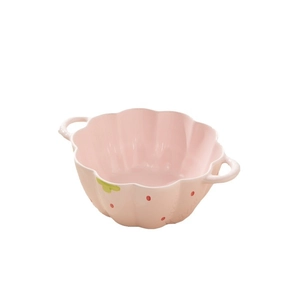 Cute strawberry shaped ceramic bowl with dual handles and wavy rim for home kitchen