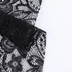 Vue macro détaillée du tissu complexe en dentelle florale noire et des textures de maille