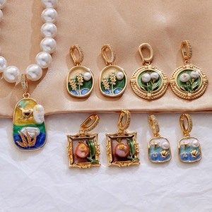 Vintage floral enamel earrings and freshwater pearl necklace set in gold finish