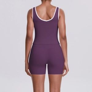 Ensemble de yoga violet foncé pour femme, deux pièces avec bordure blanche contrastée