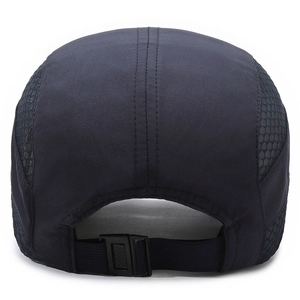 Rear view of breathable navy blue mesh baseball cap with adjustable strap and buckle