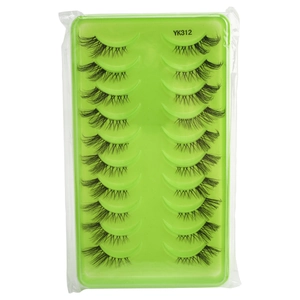 Close-up of 10 pairs of natural dense false eyelashes in green packaging tray, model YK312
