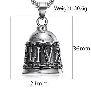 Retro stainless steel motorcycle guardian bell with Live to Ride engraving and size details