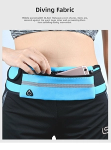 Close-up of bright blue neoprene waist bag showing the earphone jack and reflective strip