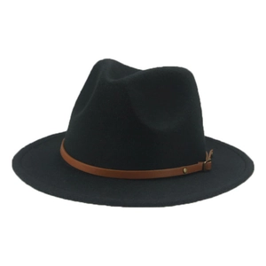 Close-up of black wide-brim felt hat with brown faux leather belt and gold buckle details
