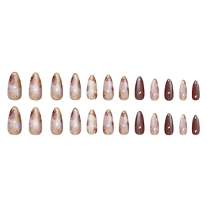 24pcs amber cat-eye press-on nails with gold foil and marble design in almond shape