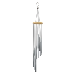 Classic 12 silver aluminum tube wind chime with wooden top on a white background