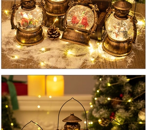 Detail of vintage Christmas lantern water globe with warm LED light and snow globe interior