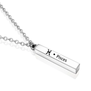 Macro detail of polished stainless steel Pisces zodiac pendant with engraved sign